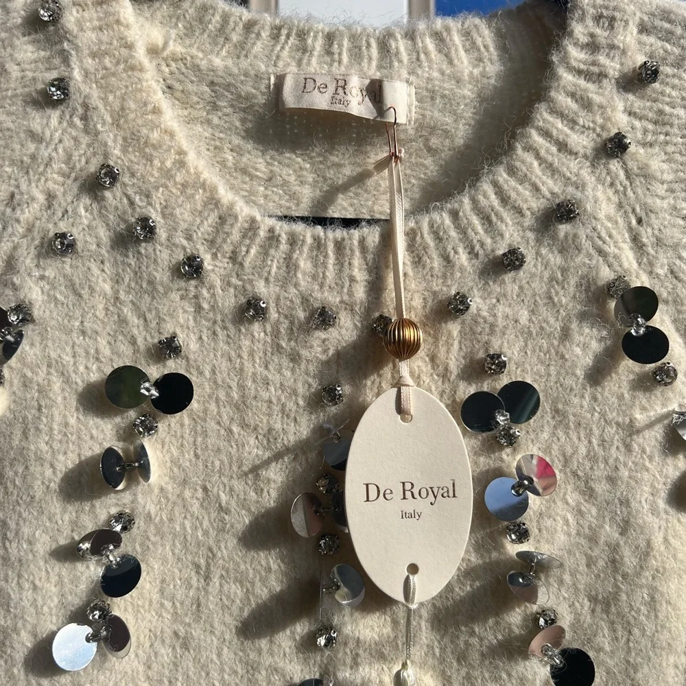 🆕🌾✨De Royal Italy Wool Alpaca Blend Sequin Cream Sweater Knit Top Holiday Size S